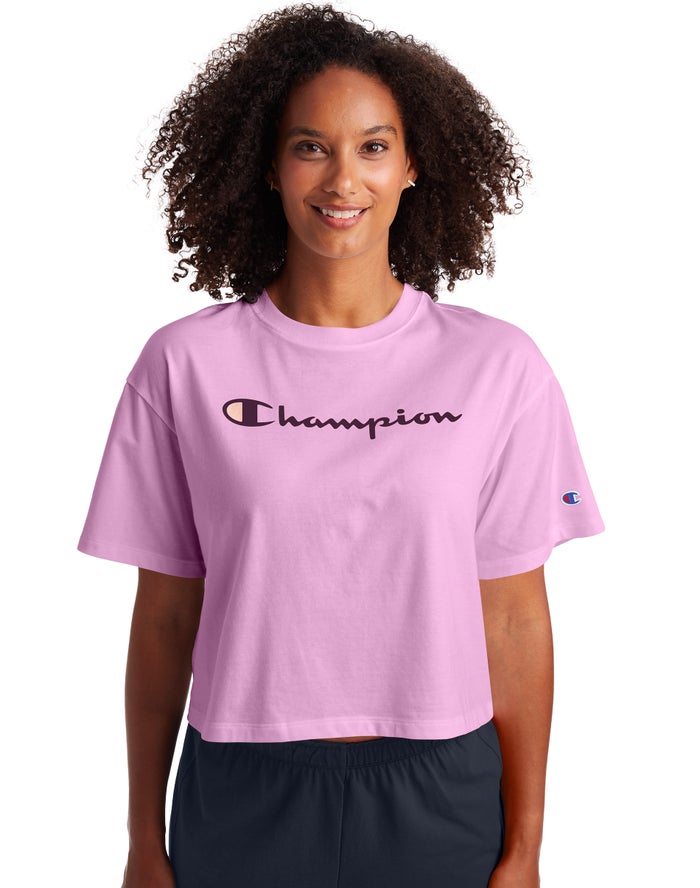 Champion Cropped Script Logo Kadın Tişört Pembe ( AKJMWS536 )